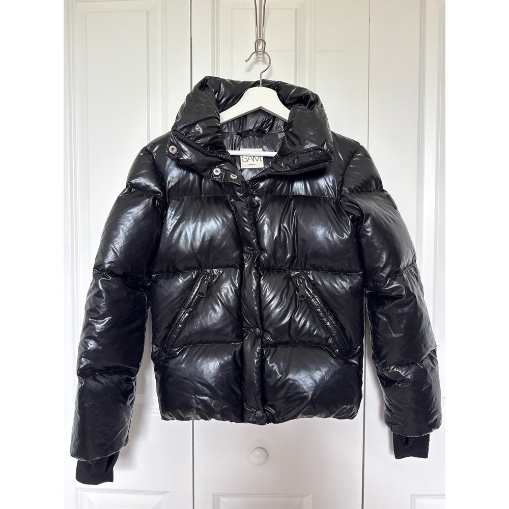 SAM. New York Freestyle Down Puffer Jacket Black Glossy High Shine Size 16
